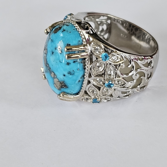 Genuine Turquoise & Neon Apatite 💍 w/White Sapphires in Platinum/925 Size 9 - Picture 11 of 12